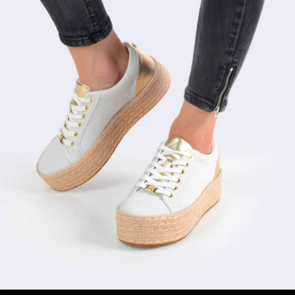 Michael Michael Kors White Gold 'Libby' Canvas Espadrille Platform Sneakers